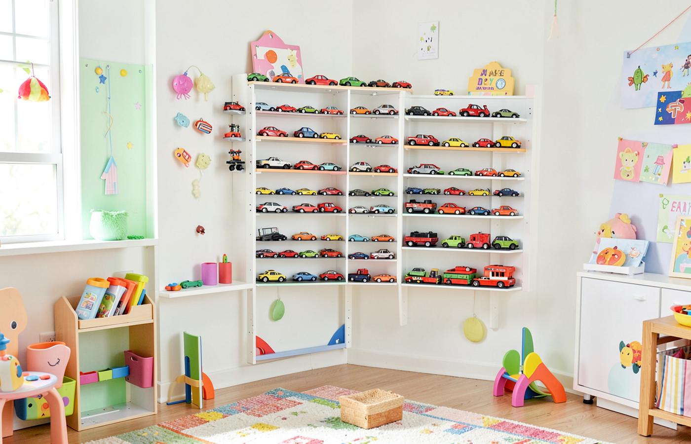 A wall of connected Focus Wheels display modules filled with die-cast cars